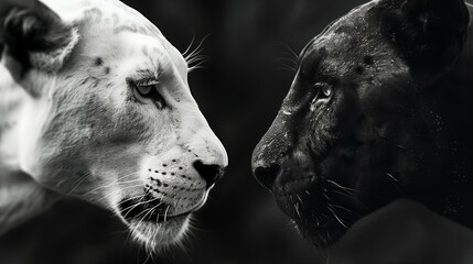 Black and white image of a black panther and a white lion in a face-off, highlighting the contrast between darkness and light with a focus on their intense expressions.
