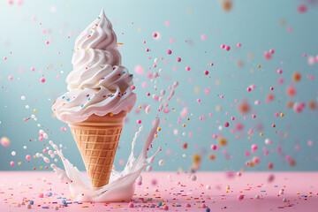 Delicious vanilla soft serve ice cream cone with sprinkles and dynamic splash, against a pastel background with floating colorful confetti.