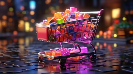 A neon-lit online shopping cart full of digital products