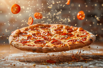 Freshly baked pepperoni pizza with melting cheese and tomato slices mid-air, with a dynamic and appetizing look, perfect for food advertising.