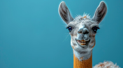 Close-up of a smiling llama with a blue background, perfect for quirky and fun designs.