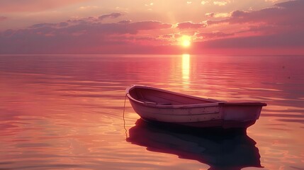 Tranquil Sunset at Sea - Lonely Boat on Calm Waters - Golden Hour Serenity - obrazy, fototapety, plakaty