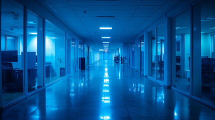 Modern office corridor with blue lighting, featuring reflective flooring, glass walls, and workstations visible through the doors, conveying a corporate atmosphere at night.