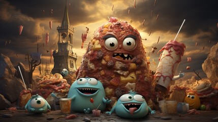 Avant-garde artists transforming a cityscape into a weapon against junk food monsters illustration - obrazy, fototapety, plakaty
