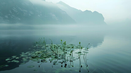 Peaceful misty morning lake with mountains and water plants pc desktop wallpaper background