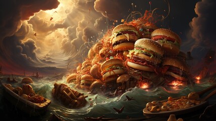Mythical sirens luring junk food monsters to their doom - obrazy, fototapety, plakaty