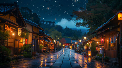 Fototapeta na wymiar Enchanting night view of a traditional Japanese street with lanterns illuminating the path, wooden facades, and a starry sky above, creating a serene and mystical atmosphere.