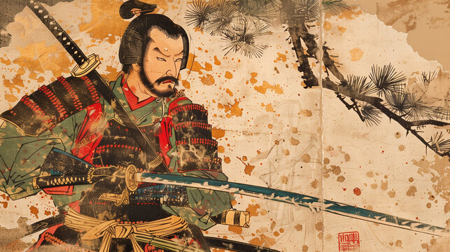 Artistic representation of a traditional Japanese samurai warrior in full armor, wielding a katana sword, with dynamic ink splashes and calligraphy on a textured background.