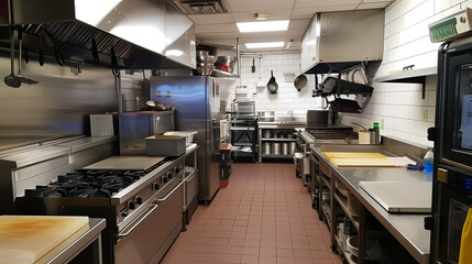 Professional clean commercial kitchen with stainless steel equipment, workstations, and utensils ready for food preparation.