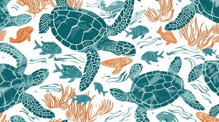 Seamless underwater pattern with stylized turtles, fish, and coral in a two-tone color scheme, ideal for fabric, wallpaper, or wrapping paper design.