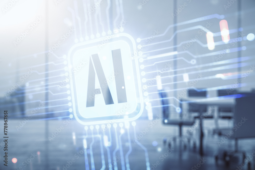 Aufkleber Double exposure of creative artificial Intelligence icon on a modern meeting room background. Neural networks and machine learning concept