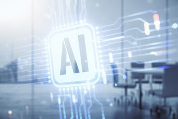 Double exposure of creative artificial Intelligence icon on a modern meeting room background....