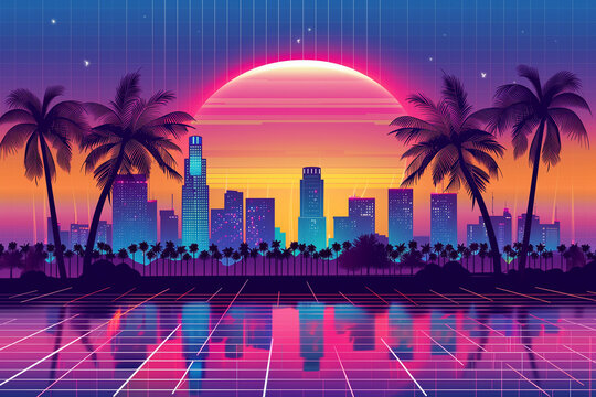 80s style retro city vibe wallpaper graphic. Lo-Fi synthwave cityscape sunset vintage background