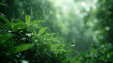 rain in lush green forest with heavy rainfall background