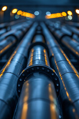 Blue illuminated industrial pipelines in facility. Vanishing point view of pipe system in a modern manufacturing plant. Industrial engineering and pipeline infrastructure concept