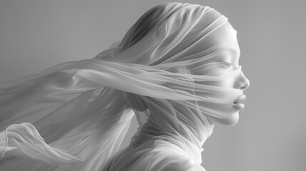 Ethereal monochrome image of a person draped in flowing fabric, creating a sense of mystery and elegance. Ideal for concepts of beauty, fashion, and abstract art.