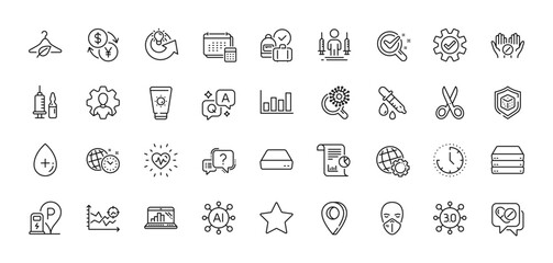 Medical tablet, Service and Account line icons pack. AI, Question and Answer, Map pin icons. Seo analysis, Time management, Heartbeat web icon. Chemistry lab, Dice, Sunscreen pictogram. Vector