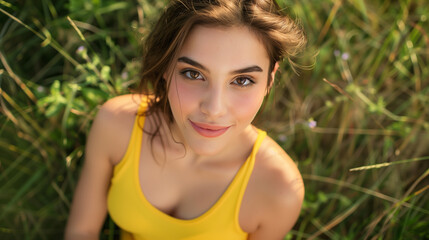 Portrait of a smiling young woman in a yellow top, looking up at the camera with a natural background.
