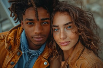 A couple in love. Happy mixed ethnicity couple looking at camera. Young african boy and blue eyed girl are taking a selfie. Smiling two friends european woman and african american man.
