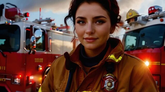portrait of a smiling woman firefighter against the background of fire trucks