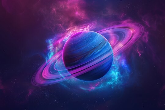 A mesmerizing view of the universe with a large Saturn against a backdrop of purple, blue, and pink hues, capturing the majesty of space
