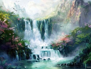 A beautiful waterfall surrounded by trees and birds