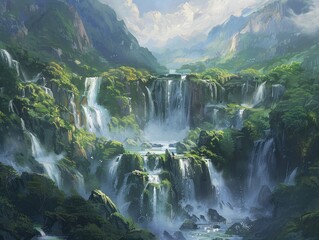 A painting of a mountain landscape with a waterfall