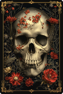 Vintage tarot card with floral and skull motif. Divination and fortune telling. Symbolism of death and rebirth.