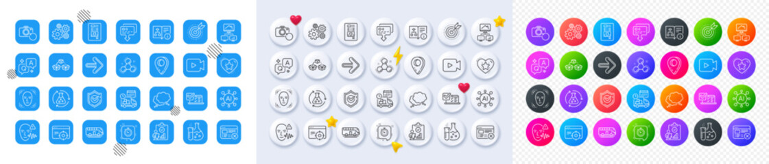 Next, Chemistry experiment and Face detection line icons. Square, Gradient, Pin 3d buttons. AI, QA and map pin icons. Pack of Ranking star, Parcel shipping, Cogwheel icon. Vector