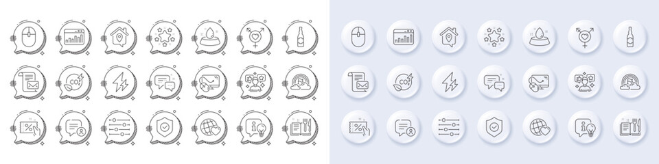 Employees messenger, Lamp and Chat bubble line icons. White pin 3d buttons, chat bubbles icons. Pack of Security shield, Marketing statistics, Social media icon. Vector