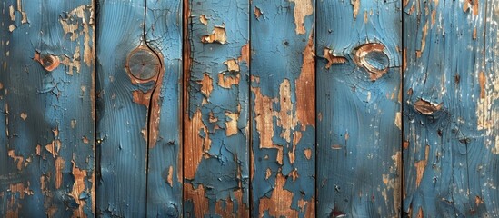 Old wooden fence showing signs of wear with paint peeling off in a close-up view - obrazy, fototapety, plakaty