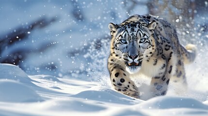 Fototapeta na wymiar Snow Leopard Stalking in Snow - Himalayan Predator - Camouflage Expertise