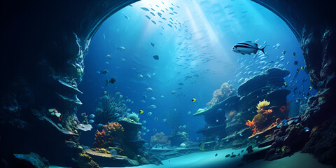 scuba diver and reef, Underwater world at the depth of the ocean Underwater gorges and tunnel Lots organisms. AI, Vibrant Tropical Fish Swimming Among Intricate Coral Formations, Generative AI
