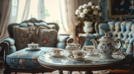 Victorian london parlor tea setup with intricate furniture, soft pastel ambiance