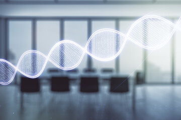 DNA hologram on a modern boardroom background, biotechnology and genetic concept. Multiexposure
