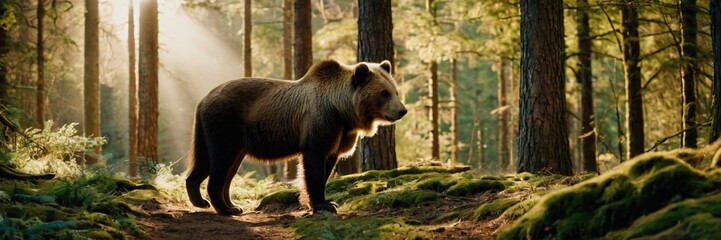 Fototapeta premium Brown bear in the woods, big wild animal in the lush green forest. walking and sitting in the jungle. made with generative AI technology.