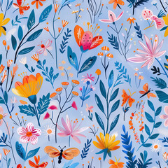 Fototapeta na wymiar Summer pattern with calm bright colors, with flowers, butterflies and plants.
