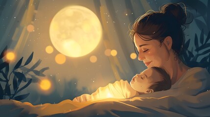 Tender Lullaby A Mother s Gentle Embrace Beneath the Glowing Nightlight as Her Child Drifts into Peaceful Slumber - obrazy, fototapety, plakaty