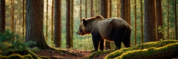 Brown bear in the woods, big wild animal in the lush green forest. walking and sitting in the jungle. made with generative AI technology.