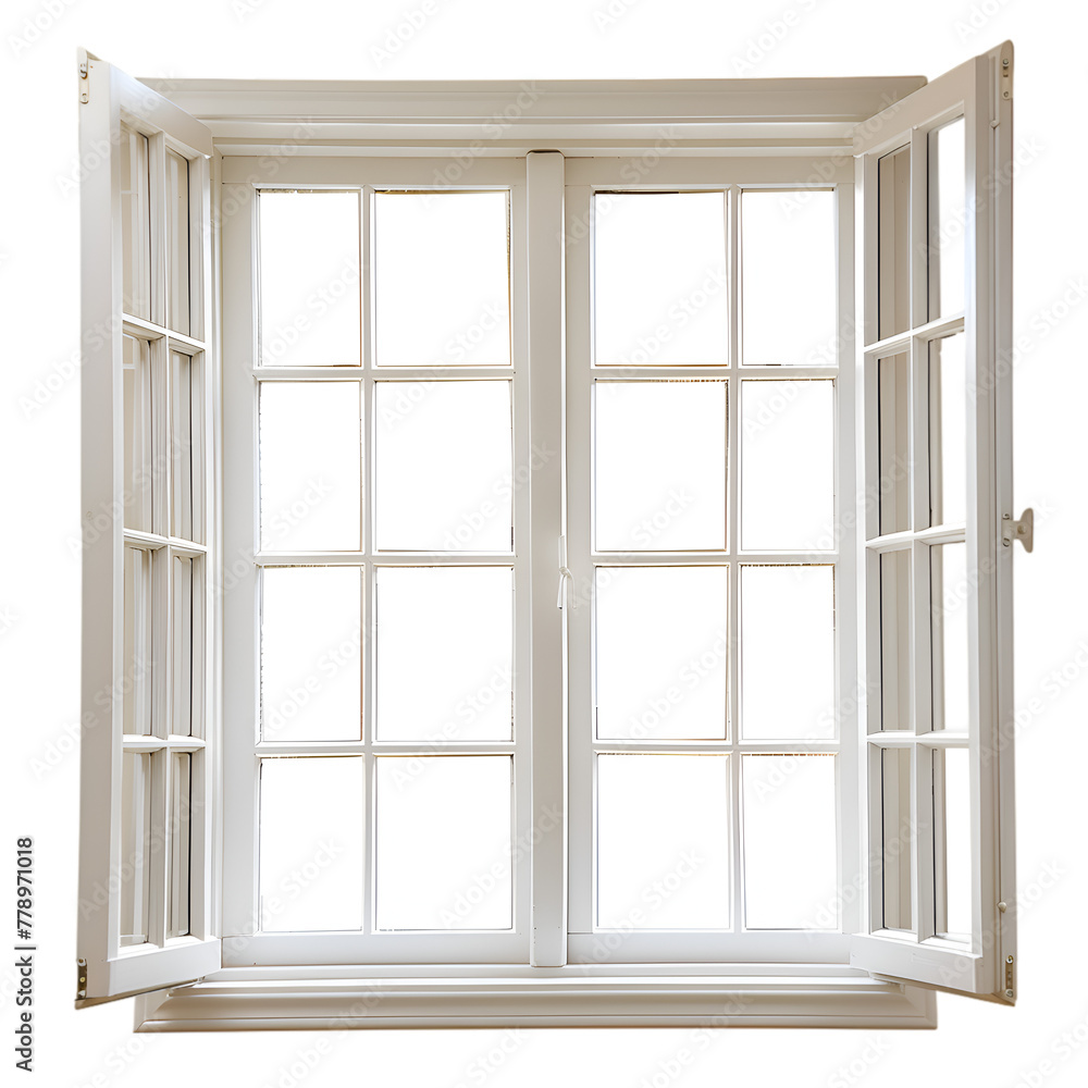 Poster a window with a white frame and white glass. the window is open, letting in light and air. the scene