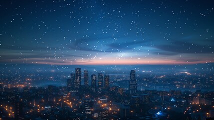 Urban nightscape  high perspective, glowing lights, skyscrapers, star trails, detailed cityscape - obrazy, fototapety, plakaty