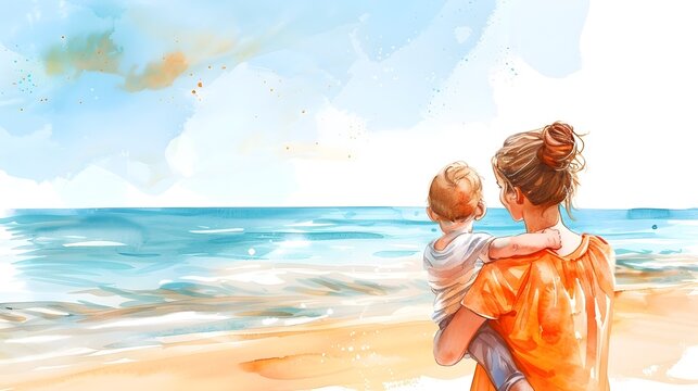 Treasured Moments by the Tranquil Sea A Mother s Embrace with Her Beloved Baby at the Sunlit Shore
