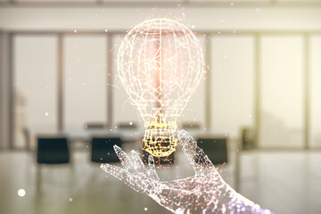 Double exposure of creative light bulb hologram on a modern meeting room background, research and development concept