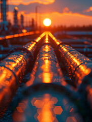 Sunset over industrial refinery with pipelines and distillation towers. Energy and petroleum industry at dusk with vibrant sky. Design for energy sector report, oil and gas brochure, industrial infras - obrazy, fototapety, plakaty