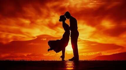 A couple is kissing in front of a sunset. Scene is romantic and intimate