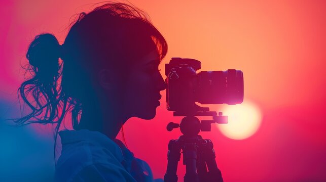 A woman is taking a picture of the sun with a camera. The photo is in a purple and pink color scheme, giving it a dreamy and romantic feel