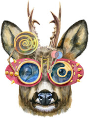 Watercolor portrait of a roe deer in glasses with steampunk style on white background - 778971402