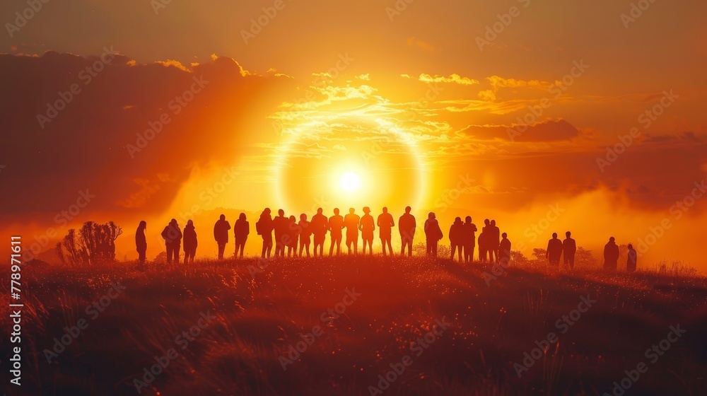 Poster a group of people are standing in a field with a large sun in the background. the sun is surrounded 