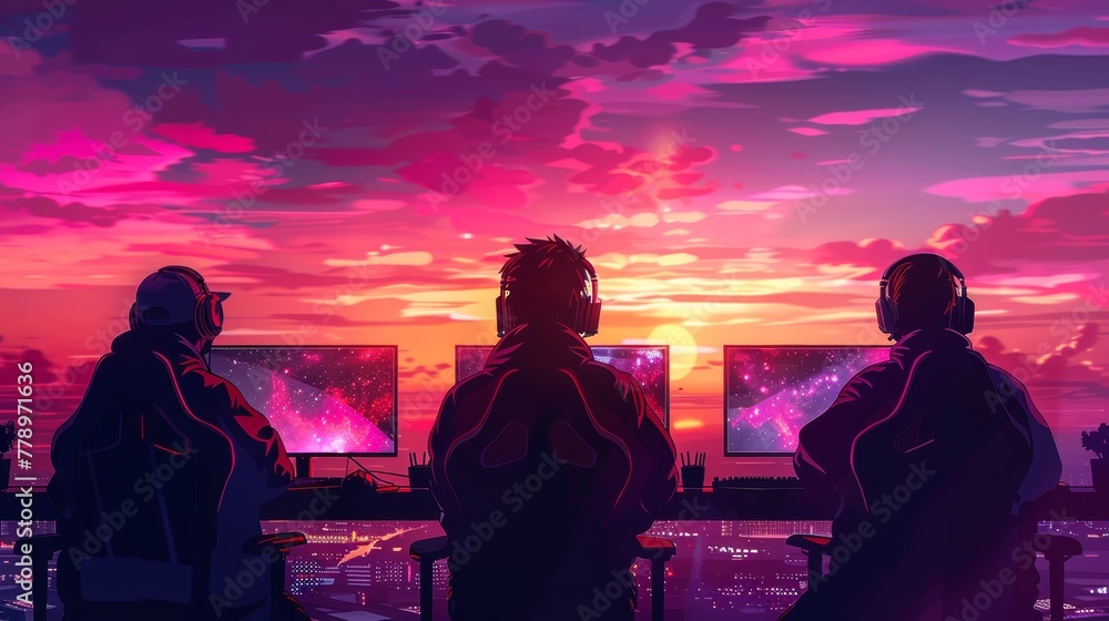 Poster three men are sitting in front of computer monitors, one of which is a sunset. scene is relaxed and 
