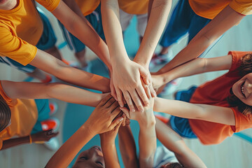 Team of kids children basketball players stacking hands in the court, sports team together holding hands getting ready for the game